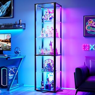 HNEBC 360° Swivel Glass Display Cabinet with RGB Lights, APP Control-Black | Motion Sensor Lights, 5-Tier Adjustable Shelves, 4 Sides Clear Tempered Glass, Dynamic & Static Lighting Modes, Gift Choice