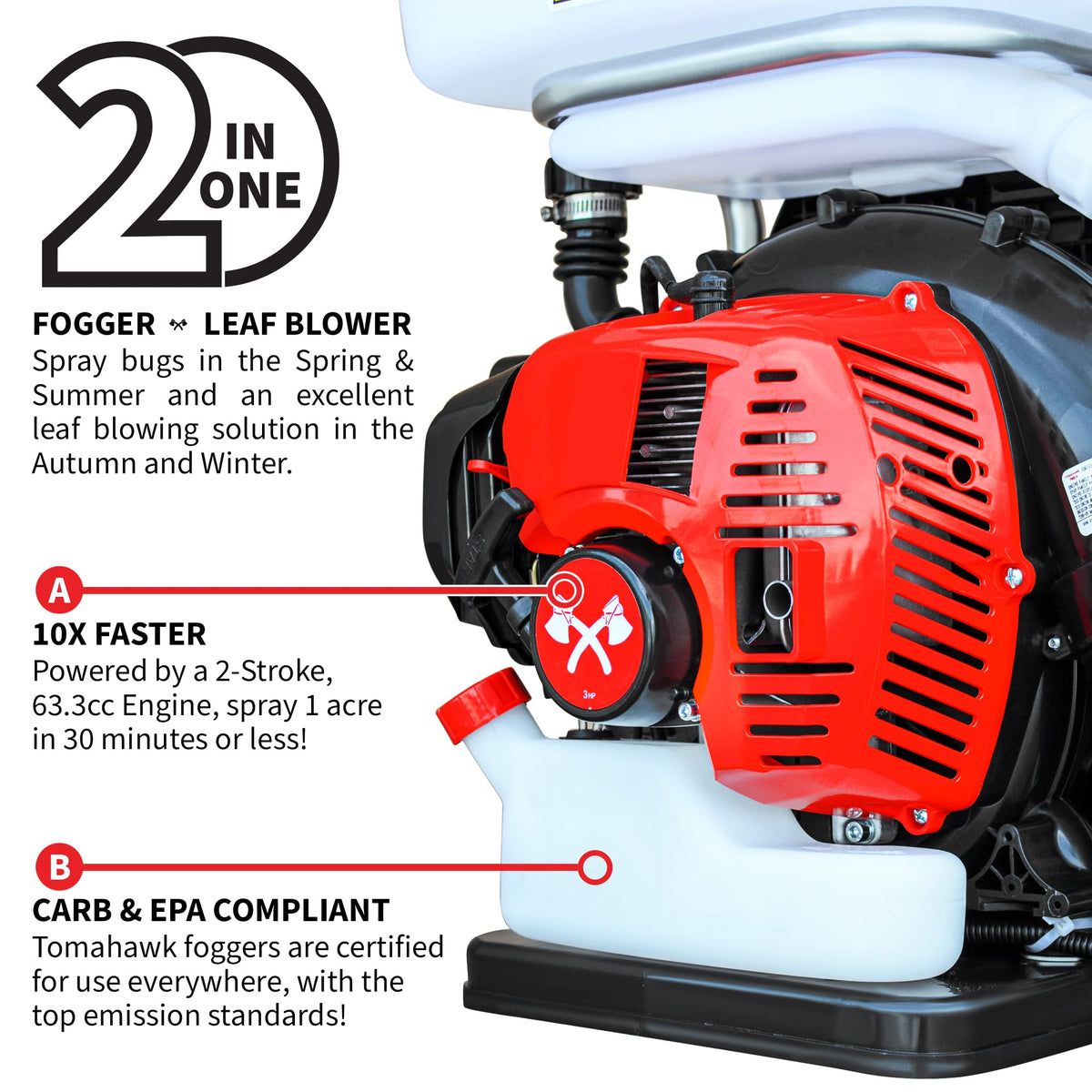 3HP Backpack Mosquito Fogger Leaf Blower 3.7 Gallon Tank Garden Sprayer (Turbo Fogger) by Tomahawk Power – Turbo Fogger (Standard), Red, Model TMD14