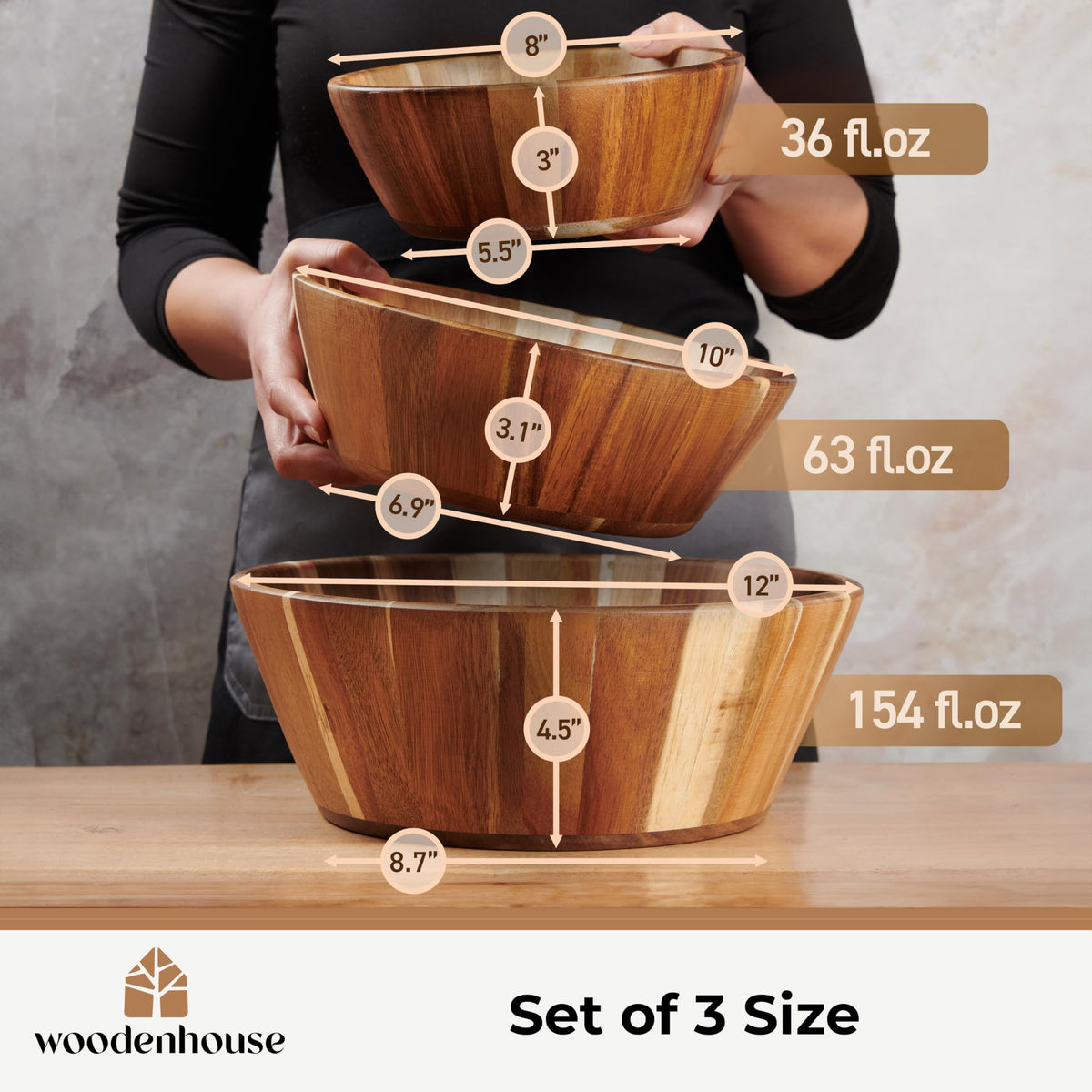 Woodenhouse Wooden Salad Bowl Set, 12 10 8 Inch Round Nesting Bowls, 3 Piece