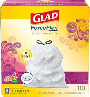 Glad ForceFlex Tall Kitchen Trash Bags, 13 Gal, Gain Moonlight Breeze, 110 Ct, Pack May Vary