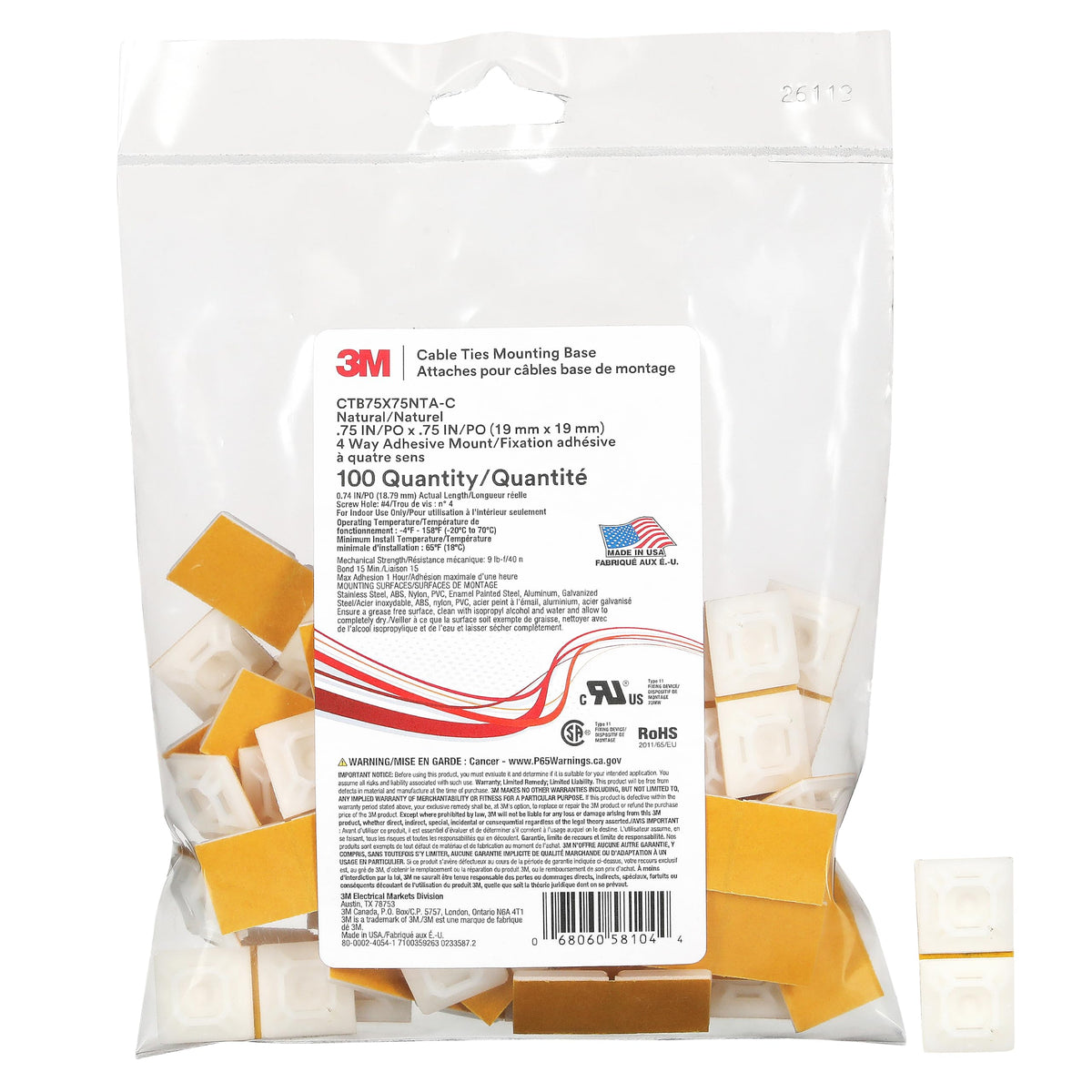 Cable Tie Mounting Base by 3M – 75 x .75, Beige, Pack of 100, Model CTB75X75NTA-C