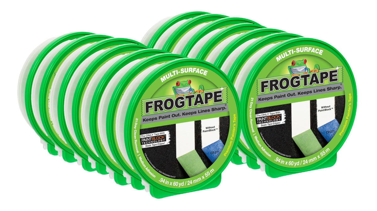 Multi-Surface Painters Tape with PAINTBLOCK by FrogTape – 14 Rolls, 0.94" x 60 Yds, Latex, Green, Pack of 14, Model 242833