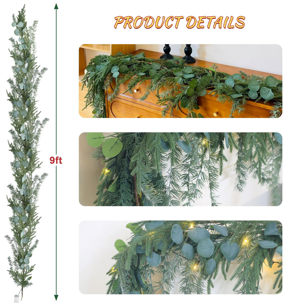 9ft Real Touch Norfolk Pine Garland with Tassels by EnnbeRuu – 9FT, Polyethylene (PE), Green, Model TT13-9FT