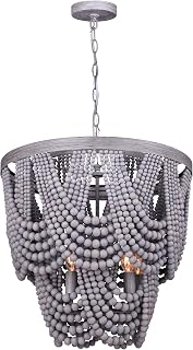 Canarm Solana 5-Light Chandelier, Grey Finish with Real Wood Beads, Boho Ceiling Light for Dining Room, Living Room or Foyer