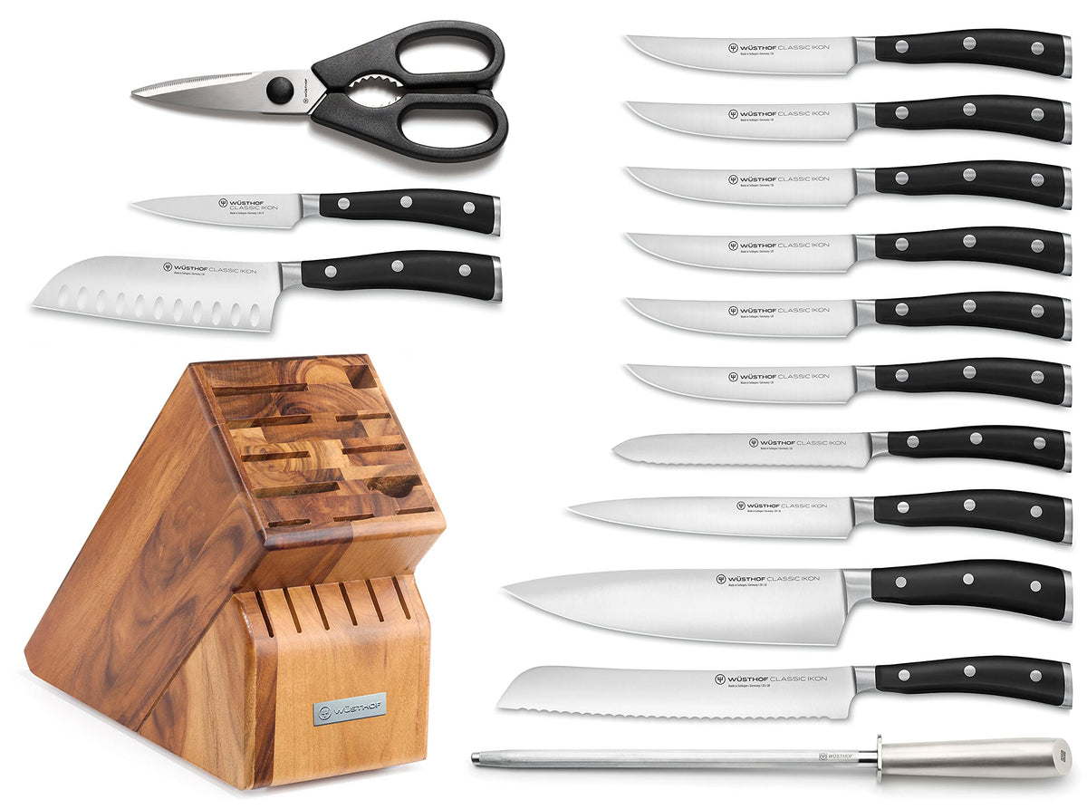 Classic IKON 15-Piece Knife Block Set by Wüsthof – 15-Piece (Standard), High Carbon Stainless Steel, Acacia, Model 1090371501