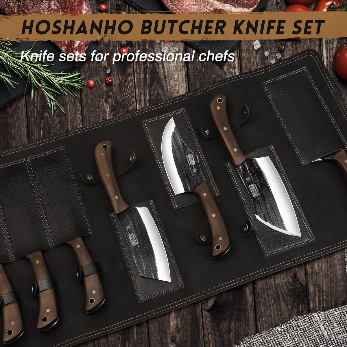 HOSHANHO Butcher Knife Set, High Carbon Stainless Steel, 8 Piece with Roll Bag