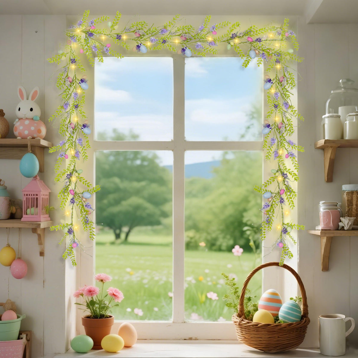 6 FT Easter Decorations for Home Lighted Easter Garland Artificial Egg Garlands with 20 LED Lights & Timer Spring Decor for Mantle Fireplace Table Door by DR.DUDU – Model gl-01