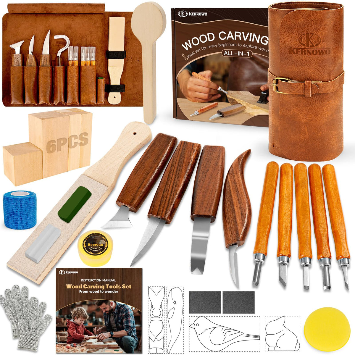 K Kernowo Wood Carving Kit, 32 Piece Set with Knives and Templates