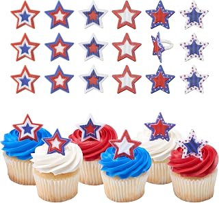 American Star Cupcake Rings, 24 DecoPac USA Stars & Stripes Cake Toppers For July 4th, Independence Day, Red, White, Blue, America - 24 Pack