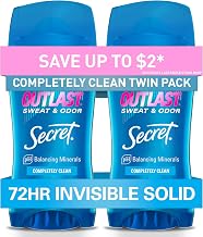 Secret Outlast Antiperspirant Deodorant for Women, 72hr Sweat & Odor Protection, PH Balancing Minerals, Invisible Solid, Completely Clean Scent, 2.6 oz (Pack of 2)
