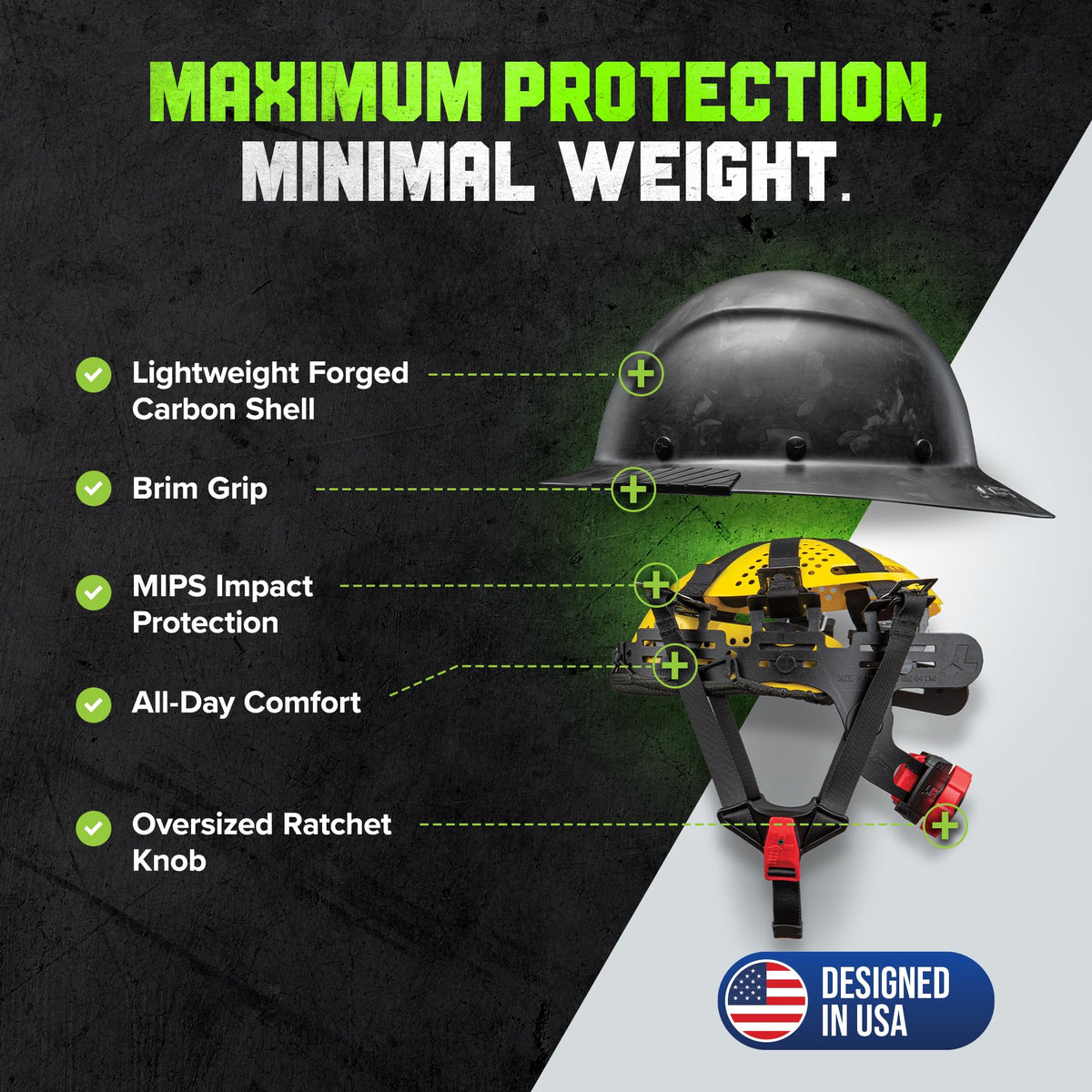 Lift Dax Forged Carbon Full Brim Hard Hat/Safety Helmet w/MIPS by LIFT Safety – One Size, polyethylene, Matte, Model HDCF-24MKM