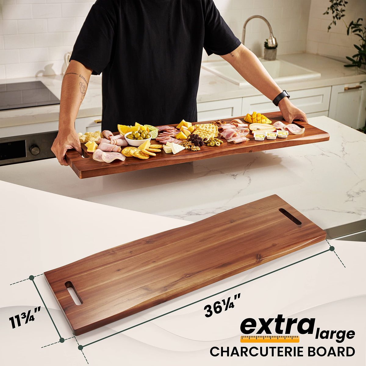 Tidita Acacia Wood Charcuterie Board, 36 Inch with Handles, Natural