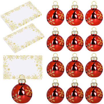 Whaline Christmas Place Card Holders, Red Ball Ornament with Gold Snowflakes, 12 Pack
