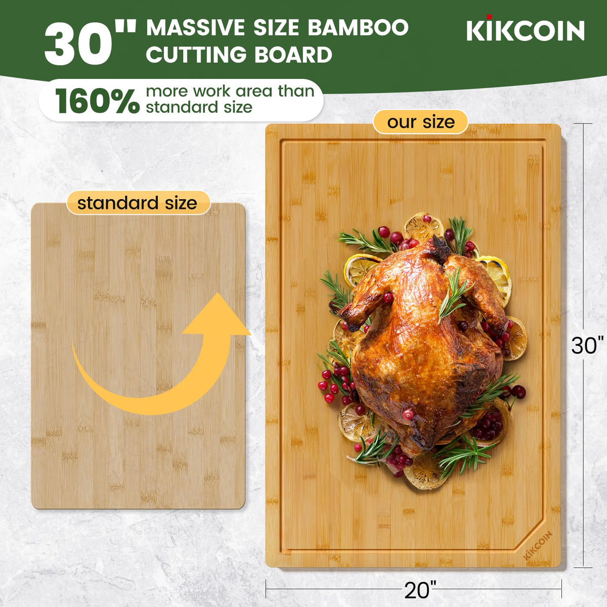 Kikcoin Bamboo Cutting Board, 30 x 20 Inch, Natural