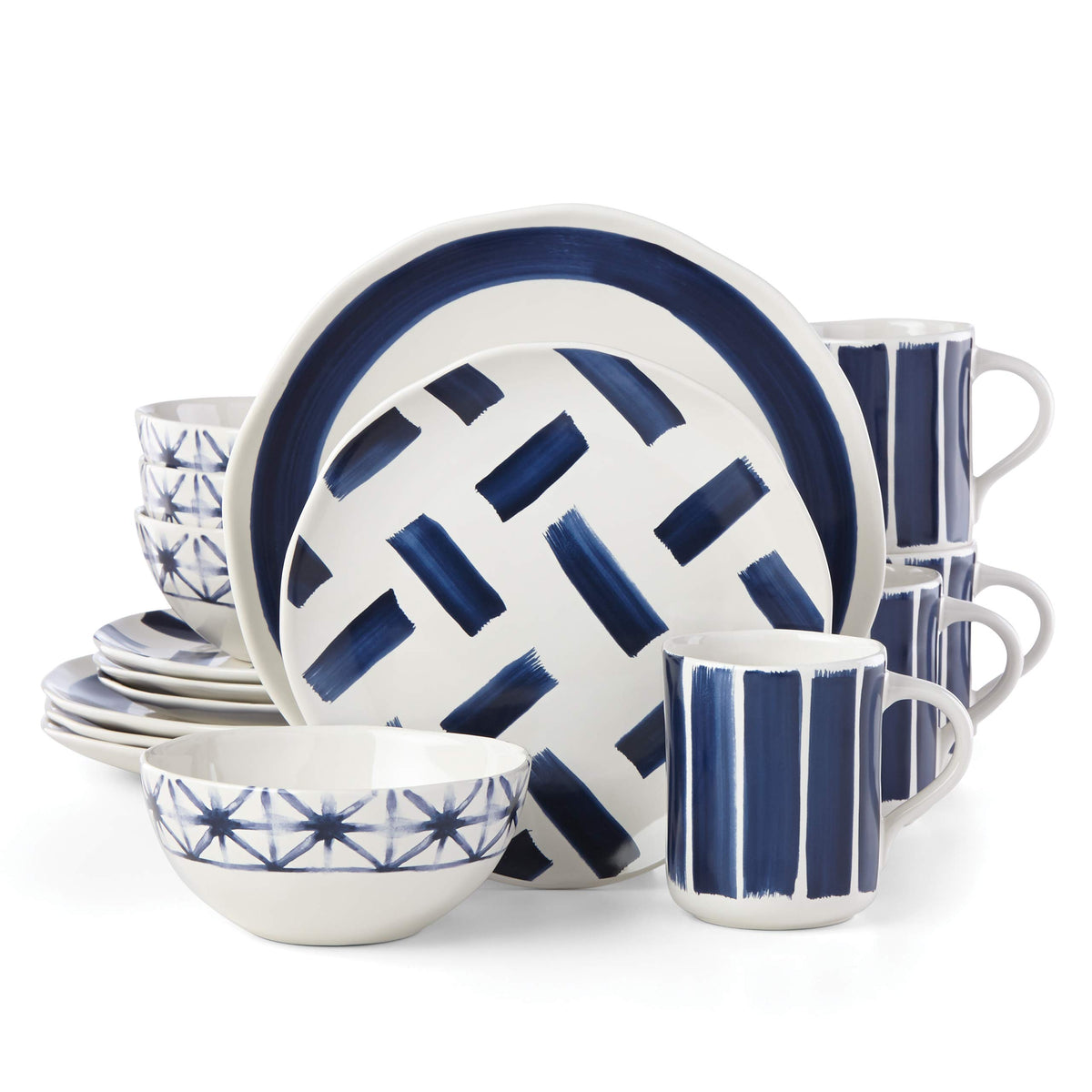 Painted Elements Indigo Brush 16 Piece Dinnerware Set by Lenox – Stoneware, Model 882010