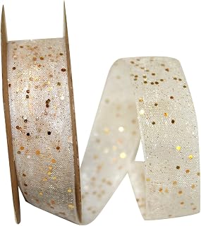 Reliant Ribbon 25740-980-03J Glitter Mono Sheer Ribbon, 5/8 Inch X 25 Yards, White/Gold
