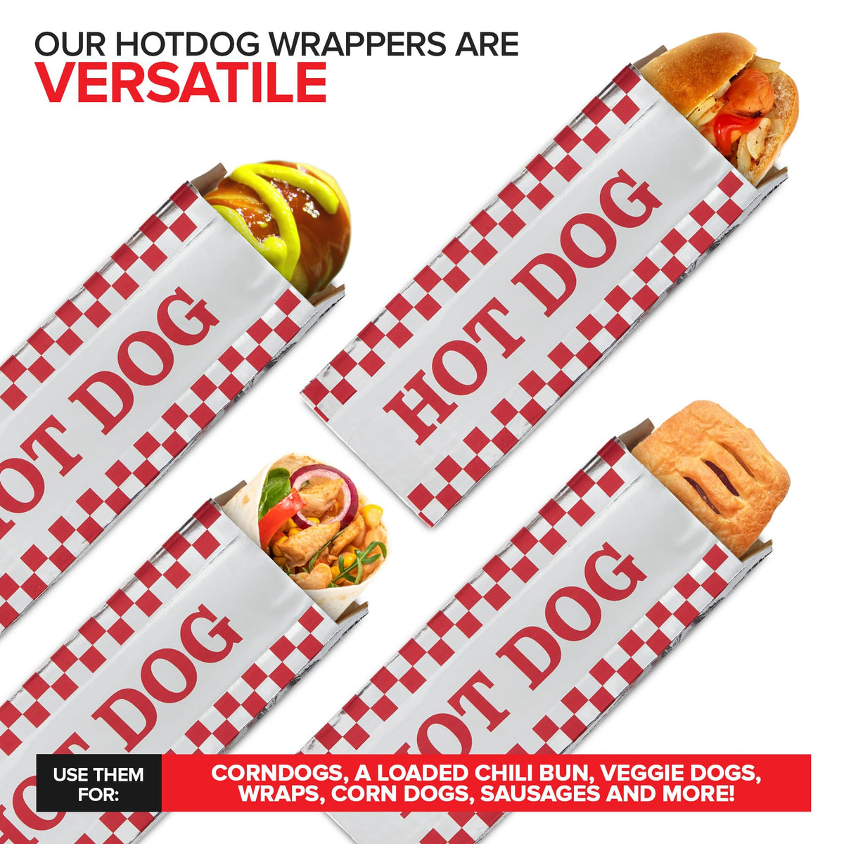 Hot Dog Wrappers Foil Laminated Paper (100 Pack) Grease Resistant Red Checkered Hot Dog Sleeves Foil by Stock Your Home – 100 Pack, Paper, Silver, Pack of 100, Model 1960