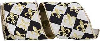 Reliant Ribbon 94152W-984-10D Golden Fleur De Lis Harlequin Deluxe Meshed Back Wired Edge Ribbon, 4 Inch X 5 Yards, Black/White