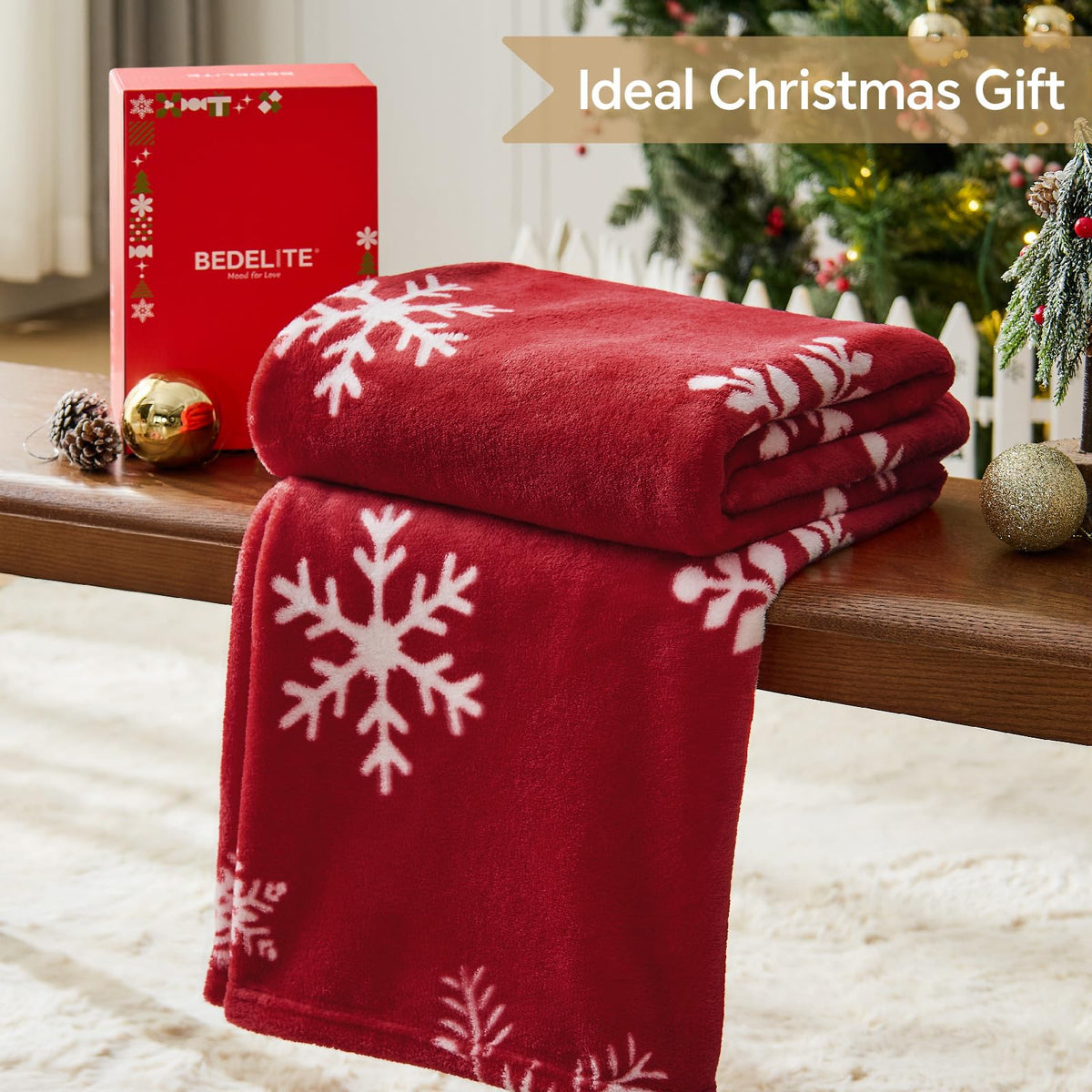 Bedelite Christmas Throw Blanket, Snowflake Pattern, Red, 50x60 Inches