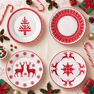 Rtteri Ceramic Salad Plates, 9 Inch, Red Nordic Christmas Set of 4