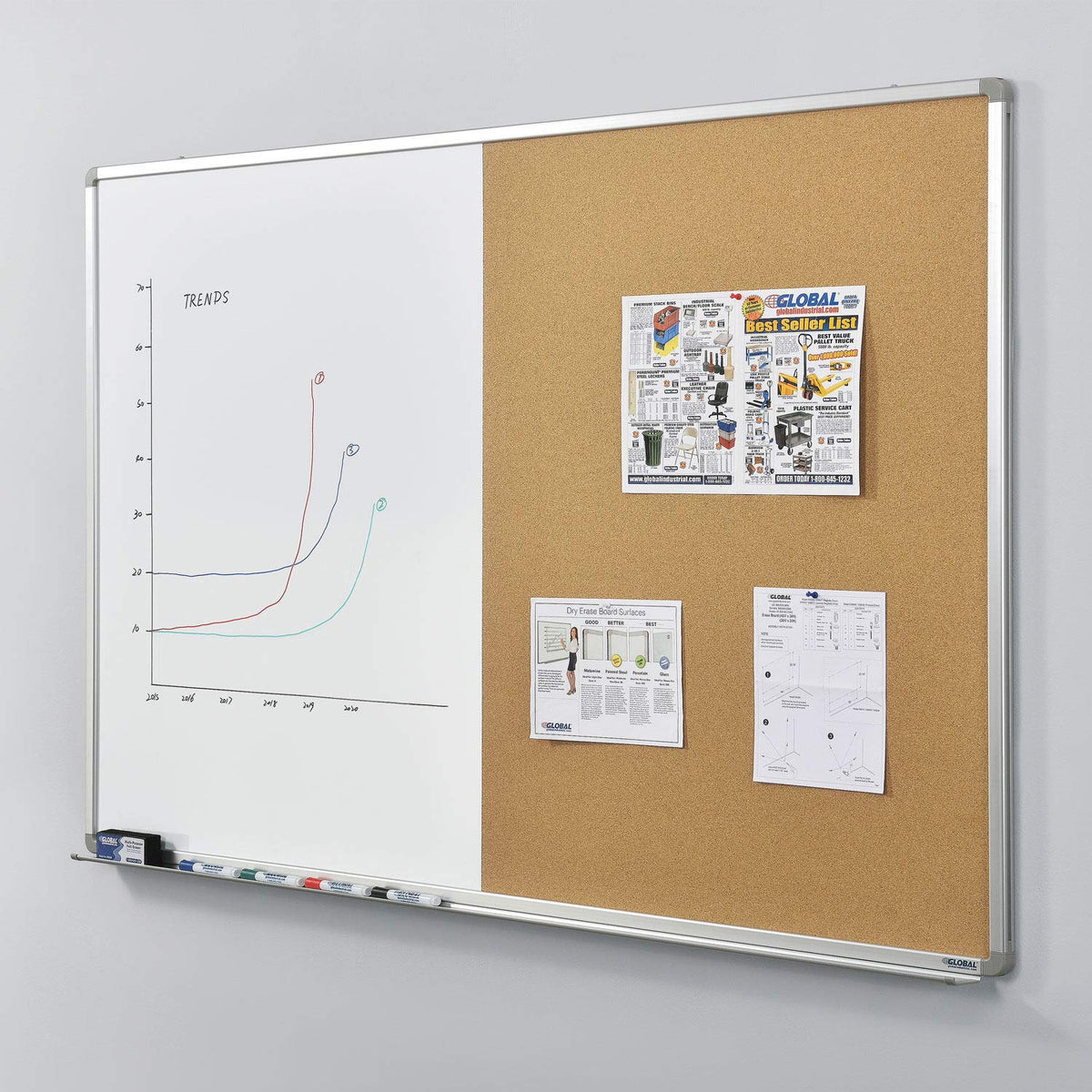 72" W x 48" H Combination Board by Global Industrial – 72"W x 48"H, Aluminum, Multi-colored, Model 695637