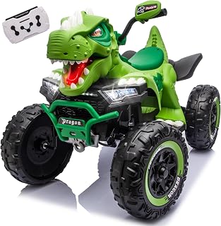 24V Dinosaur Ride on ATV, 200W*2 Power Motor, Big Wheels, 2-Seater Ride on Toy w/Parental Control, 4-Wheel Suspension, Dynamic Lights, Bluetooth&Music, 1hr Work Time for Kids 4-8（Green）
