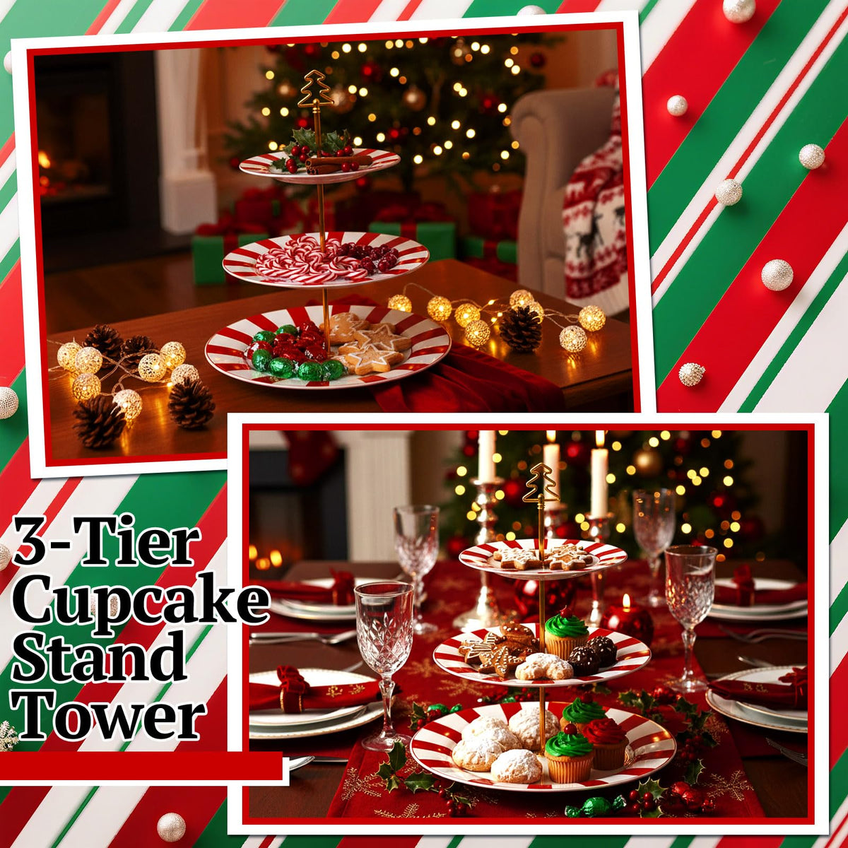 Lallisa 3 Tier Ceramic Cake Stand, 10 9 7 Inch Plates, Red and White