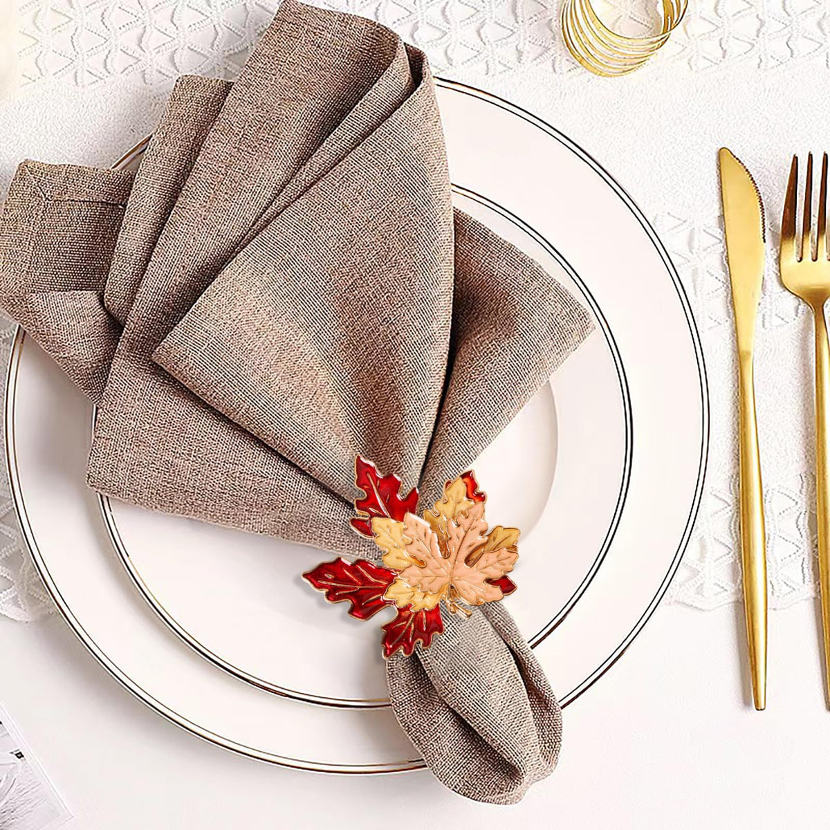 Emivery Maple Leaf Napkin Rings, Metal, Set of 6, Red and Yellow