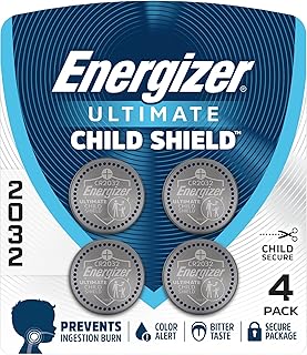 Energizer Ultimate Child Shield CR2032 Batteries (4 Pack), 3V Lithium Coin Batteries, Compatible with Apple AirTag and Tile Pro Devices, Key Fobs, Watches and More