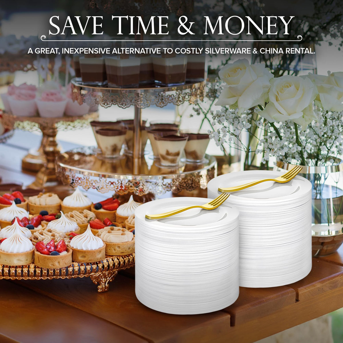 200 Pcs White Plastic Dessert Plates for Weddings and Gold Plastic Forks by Stock Your Home – 8 Pack Pack of 25, Plastic, White, Pack of 200, Model SYH-3620-QV-8CT
