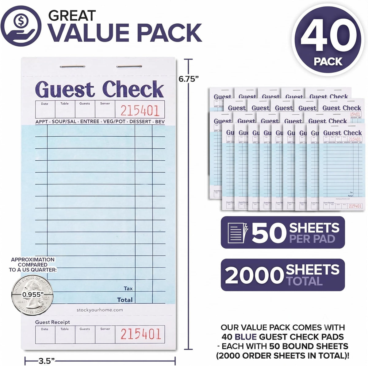 Blue Guest Check Books for Servers (40 Pack) Server Note Pads by Stock Your Home – Blue, Model SYH-1298-BDL