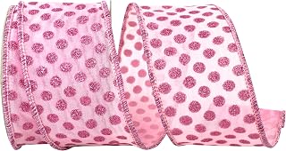 Reliant Ribbon Mesh Deluxe Glitter Dots Wired Edge Ribbon, Pink
