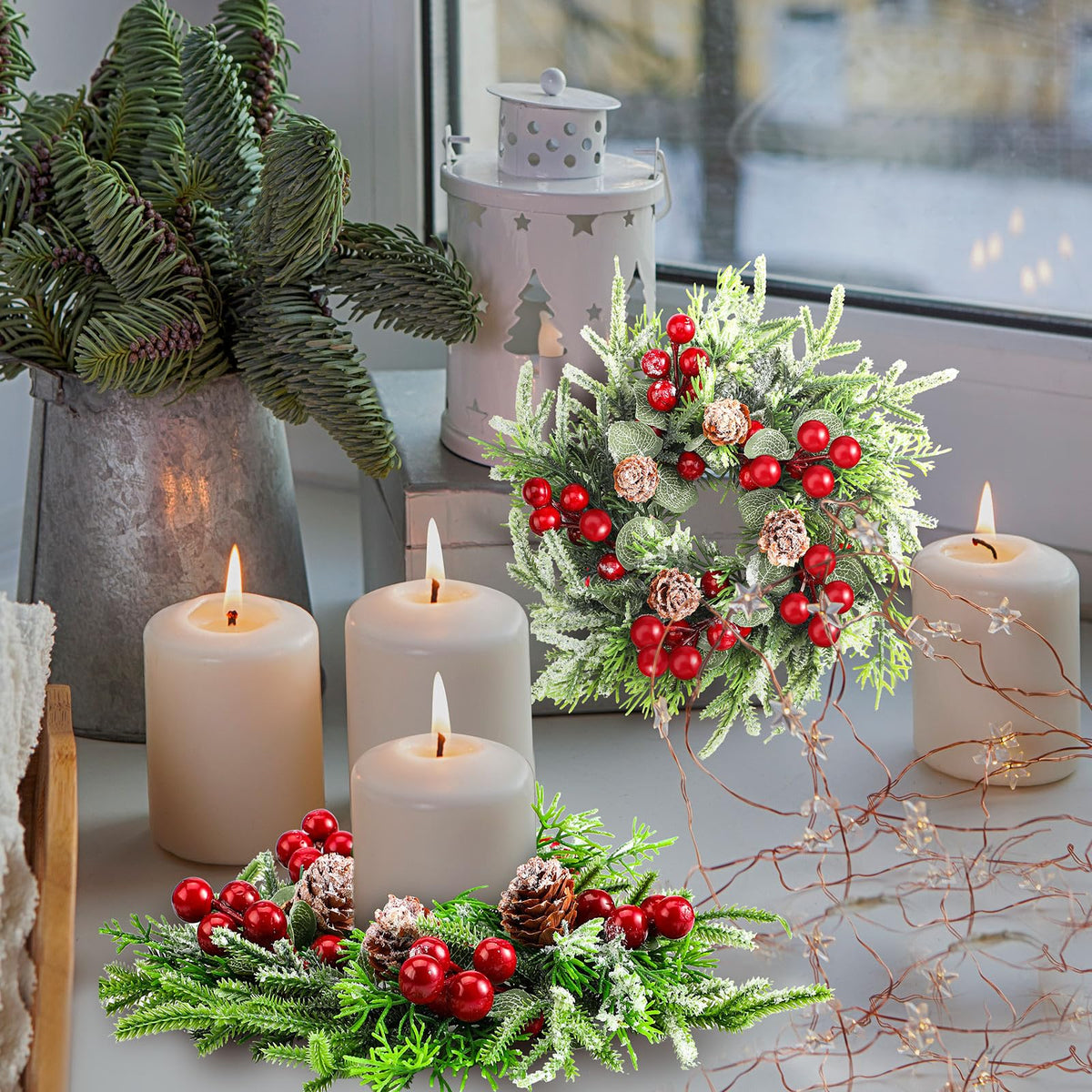Lyrow Christmas Candle Ring Set, 4.33 Inch Diameter, Green Red