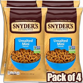 Snyder's of Hanover Mini Pretzels, Unsalted Pretzels, 12 Oz (Pack of 4)