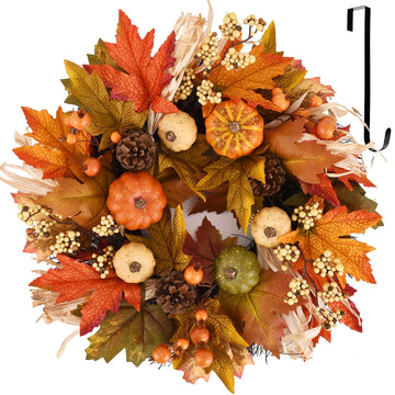 Antizz Autumn Wreath, 24 Inch Diameter, Multicolor Pumpkin Maple