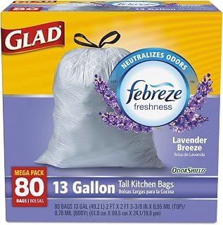 Glad OdorShield Tall Kitchen Drawstring Bags, Lavender, 13 gal, White, 80/BX, 4 BX/CT