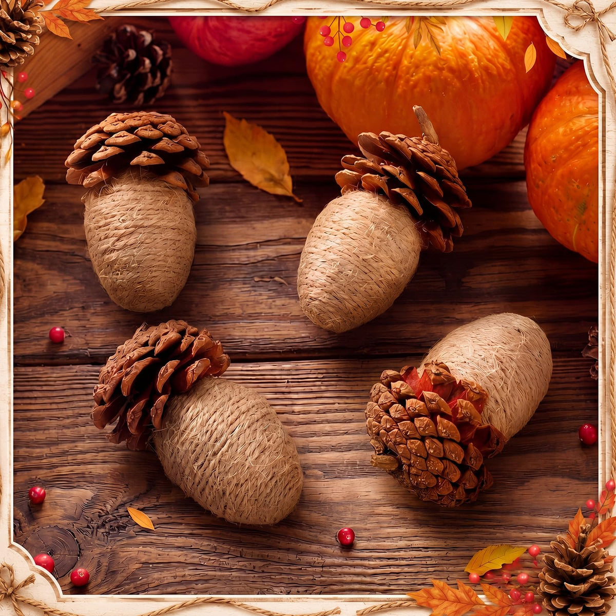 RattanView Jute Acorn Ornaments, Set of 6, Yellow and Brown