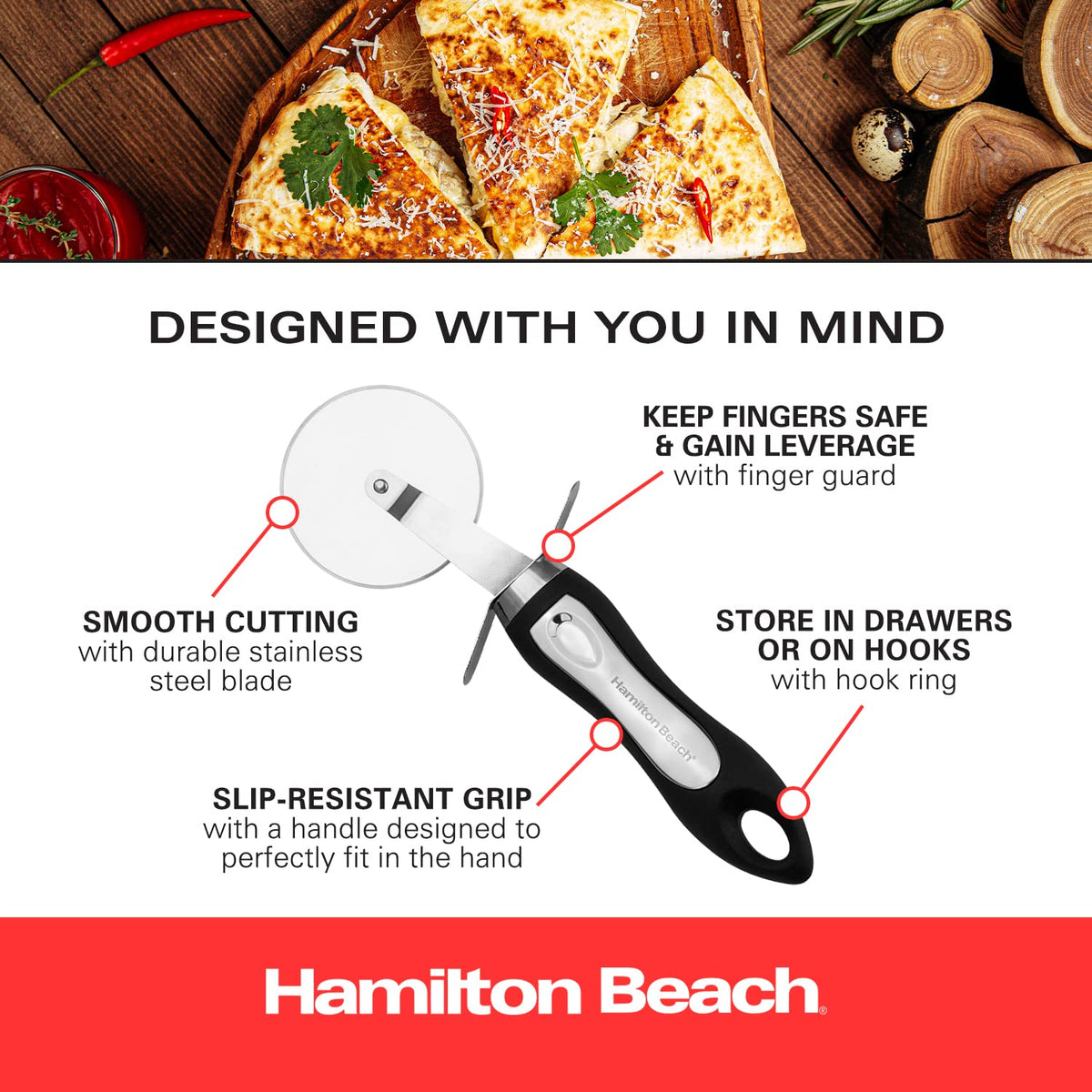 Pizza Cutter 8in soft touch handle by Hamilton Beach – Pizza Cutter, Stainless Steel, Black
