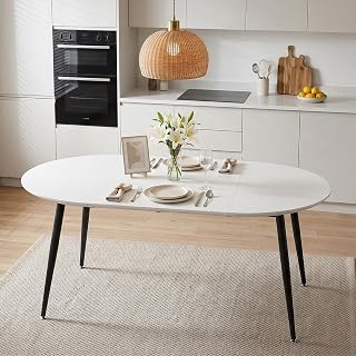 74" Extendable Coffee Table, Round Coffee Table with Smooth MDF Surface, Mesa De Centro para Sala with Sleek Metal Legs for Modern Home Interior use, White