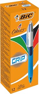 BIC 4 Colours Grip Retractable Ballpoint Pens - Box of 12- Medium Point (1.0 mm) - Extra-Comfort Grip - Translucent Blue Barrel