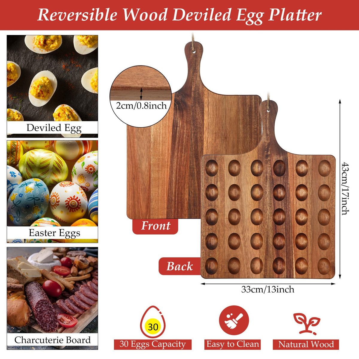 Gerrii Acacia Wood Deviled Egg Platter, 30 Holes, Natural