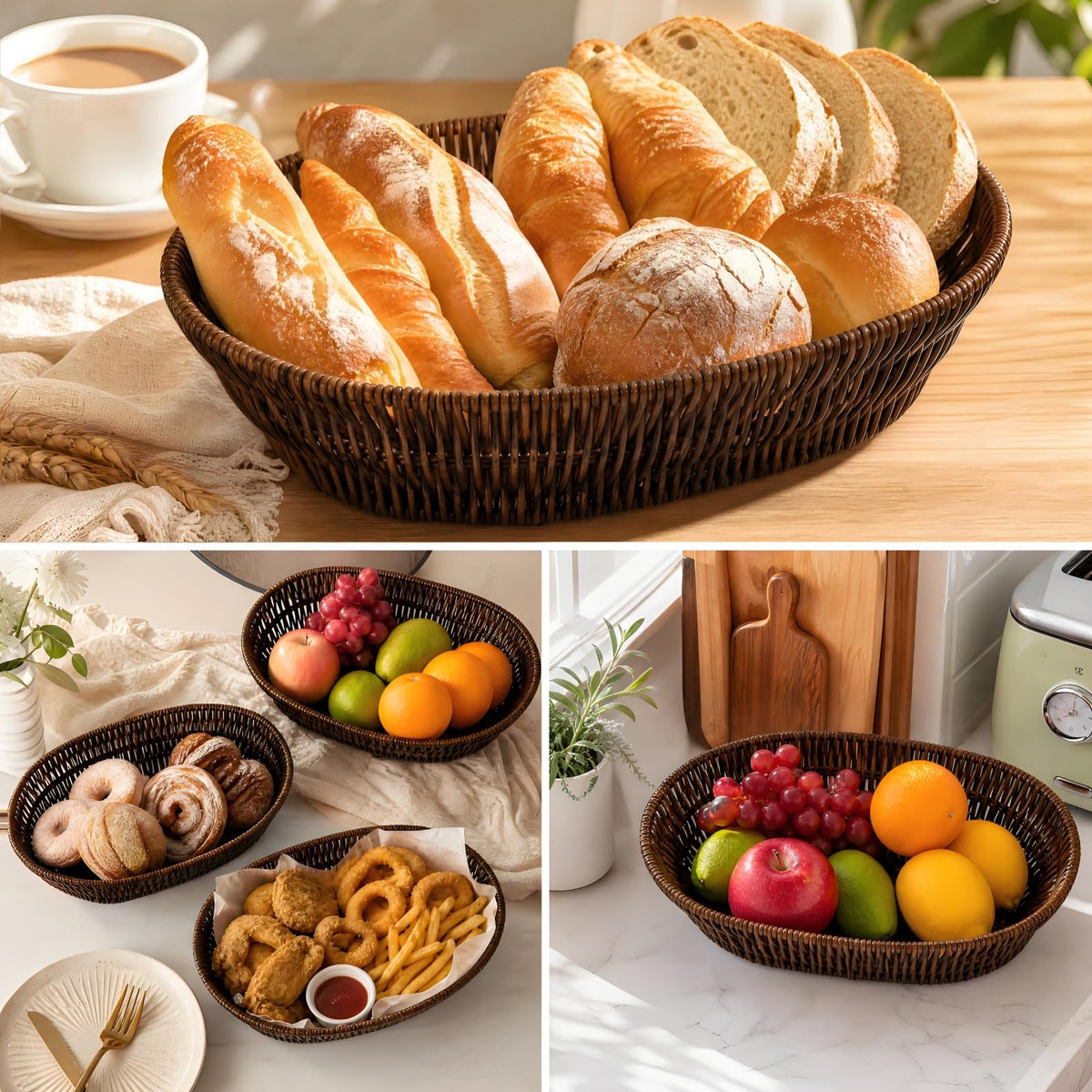 ZAVOOS Wicker Bread Basket, 11 Inch Oval Serving Tray, Dark Brown 3 Pack