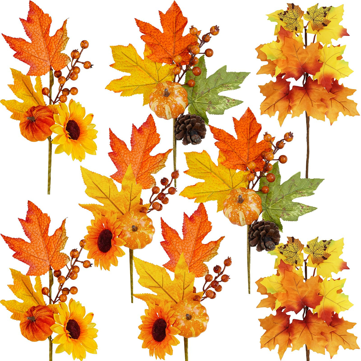Winlyn Artificial Fall Picks, 8 Pack with Pumpkins Sunflowers Pinecones, Orange
