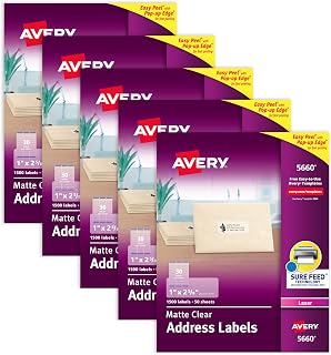 Avery Printable Address Labels, Sure Feed Technology, 1" x 2-5/8", Matte Clear, Laser Printable, 1,500 Blank Labels per Pack, Great for Mailing, Branding, and More (5-Pack of 5660)