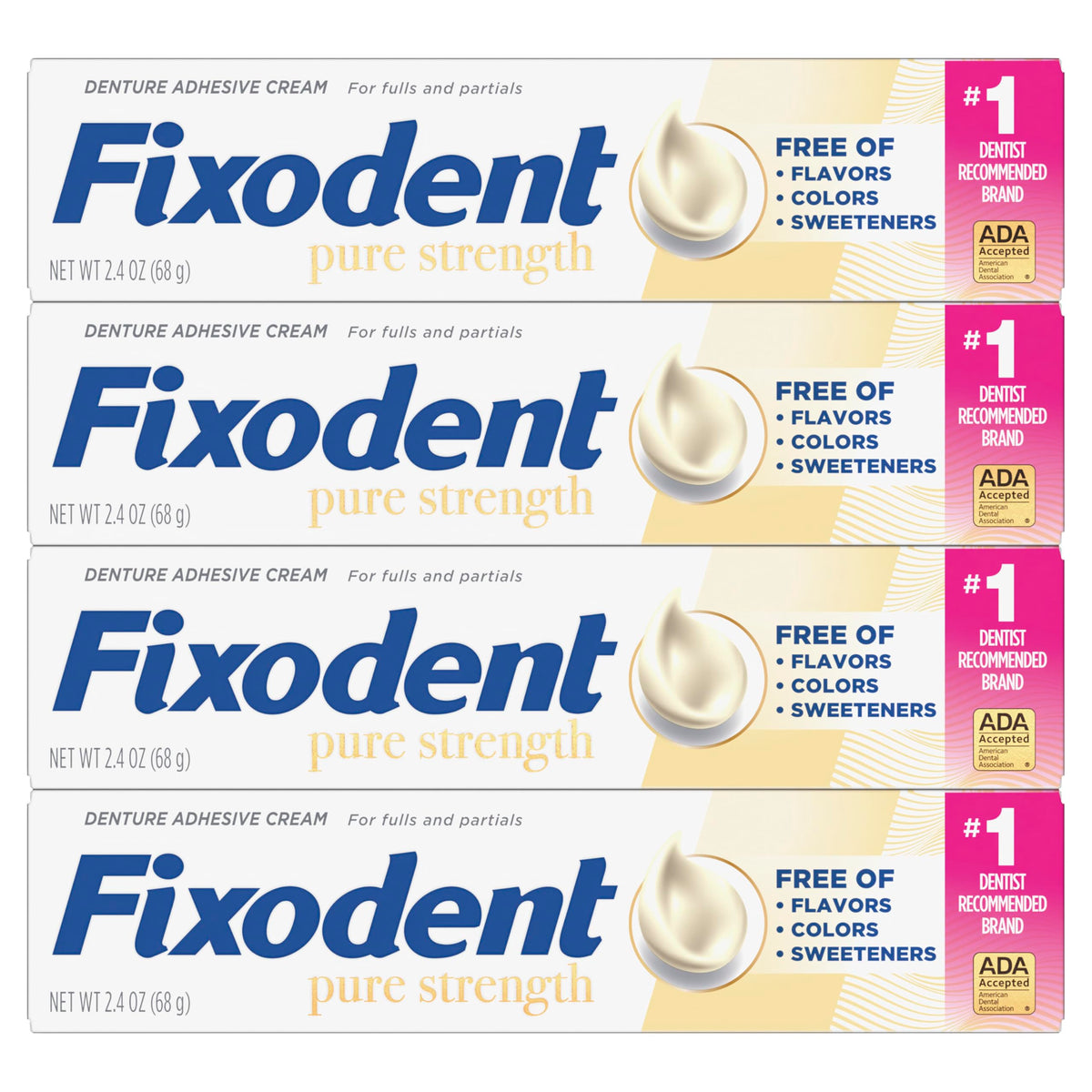 Pure Strength Secure Denture Adhesive 2.4oz (Pack of 4) by Fixodent – 2.4oz (Pack of 4), Polyvinyl Acetate (PVA), White, Pack of 4, Model FIXODENT-PURE-STRENGTH-4PACK