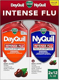 Vicks DayQuil & NyQuil Intense Flu Liquid, Value Pack, Over-the-Counter, Multi-Symptom, Powerful Relief for Body Aches, Fever, Headache, Sore Throat, and Cough, 6 Hour Relief, Cherry Flavor, 12 FL OZ