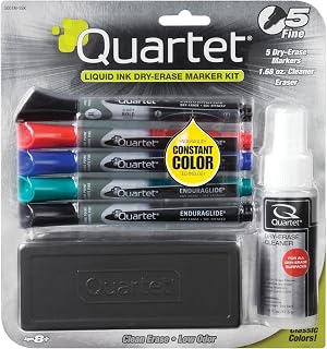 Quartet Dry Erase Markers Accessory Kit, Includes 5 Fine Tip EnduraGlide Dry Erase Pens, Whiteboard Eraser, & White Board Cleaning Spray Bottle, for Teachers, Home School & Office Supplies (5001M-5SK)