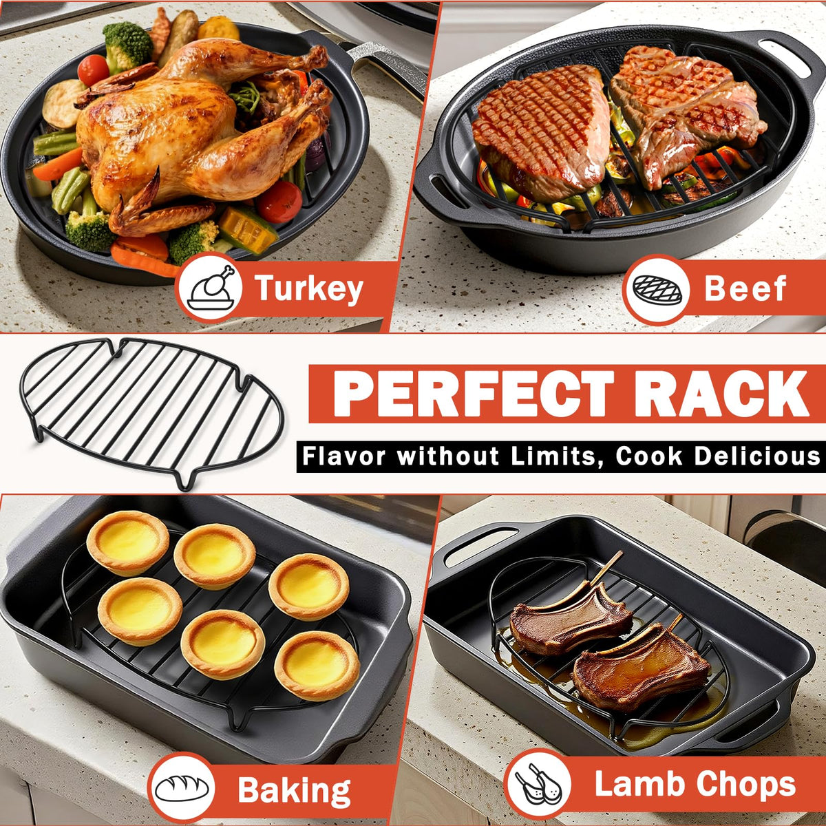 Gestone Roasting Rack, Nonstick Stainless Steel, Oval 12.4 x 8.5 Inch Black
