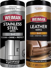 Stainless Steel Wipes and Leather Wipes - Clean and Polish Appliances for a Brighter and Longer Shine - Clean by Weiman – 30 Count (Pack of 2), Pack of 2