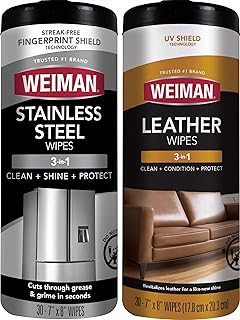 Stainless Steel Wipes and Leather Wipes - Clean and Polish Appliances for a Brighter and Longer Shine - Clean by Weiman – 30 Count (Pack of 2), Pack of 2
